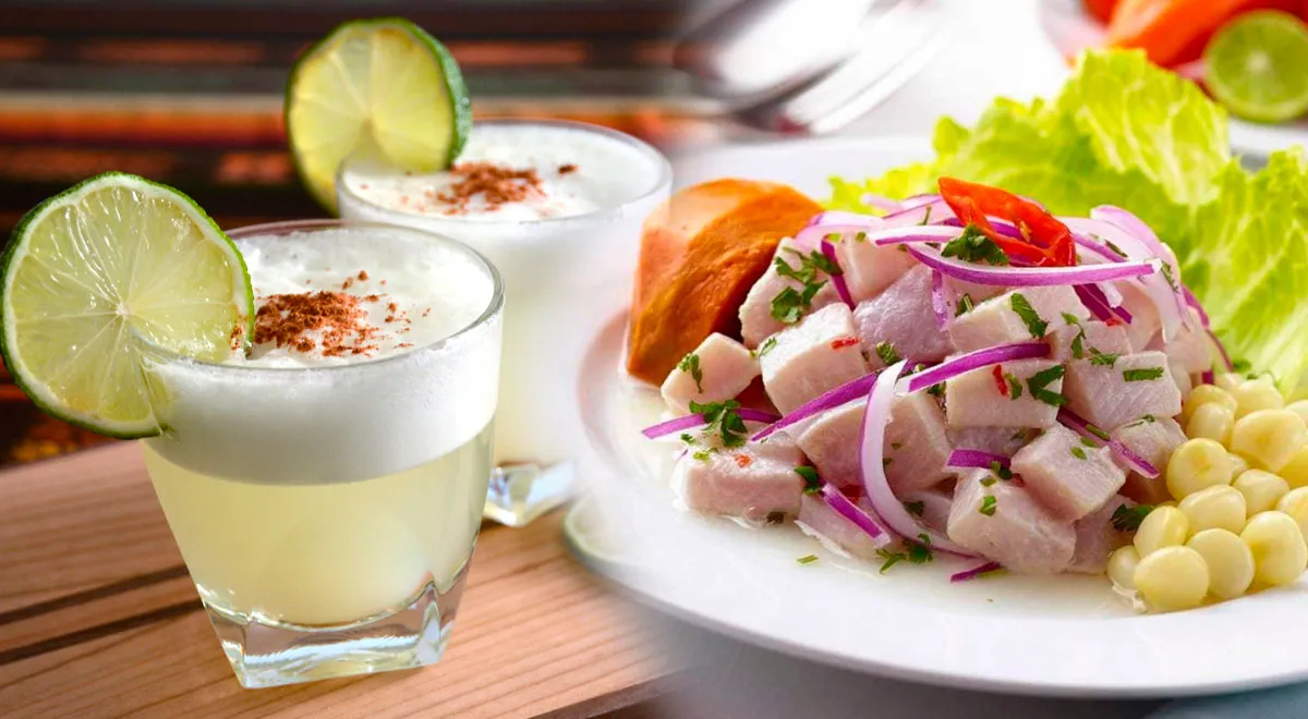 Ceviche and Pisco Sour on a table